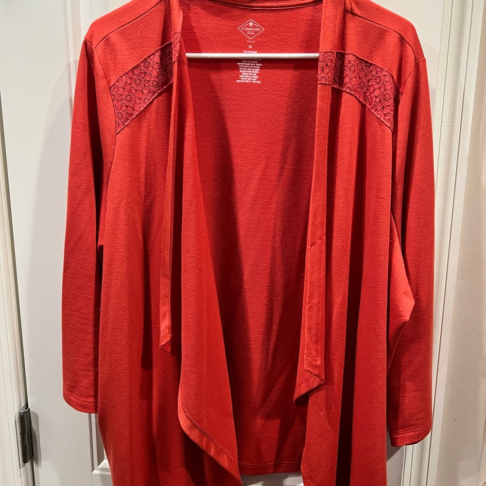 St. John's Bay Red Orange Open-Front Lace-Shoulder Cardigan Sz 1x